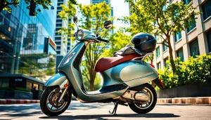 motorroller 50ccm auf einer belebten Stadtstraße mit urbanen Gebäuden im Hintergrund