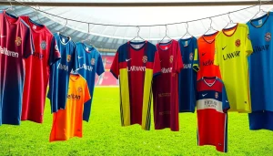 Showcase of football kits displaying vibrant jerseys on a football pitch, inviting fans to embrace their teams.