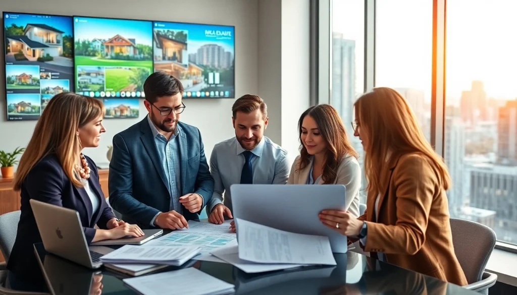 Real Estate agents discussing property strategies in a modern office setting.
