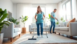Efficient cleaning service team showcasing professionalism in a bright living room.