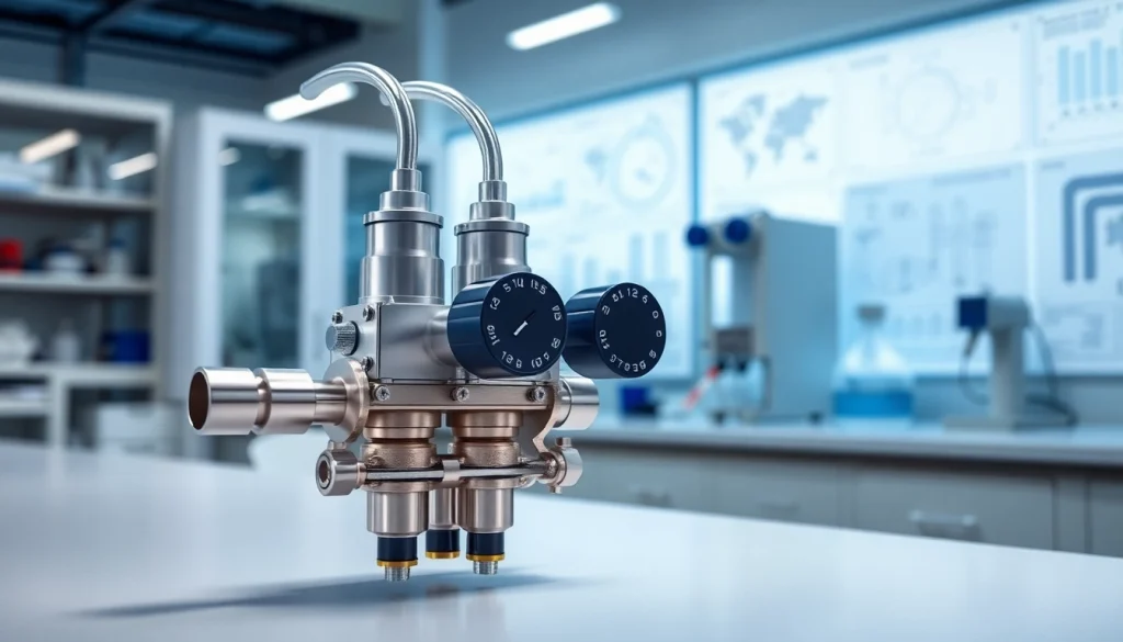 HM88 Series Three-Valve Direct Mount Manifold showcasing precision engineering in a professional lab.