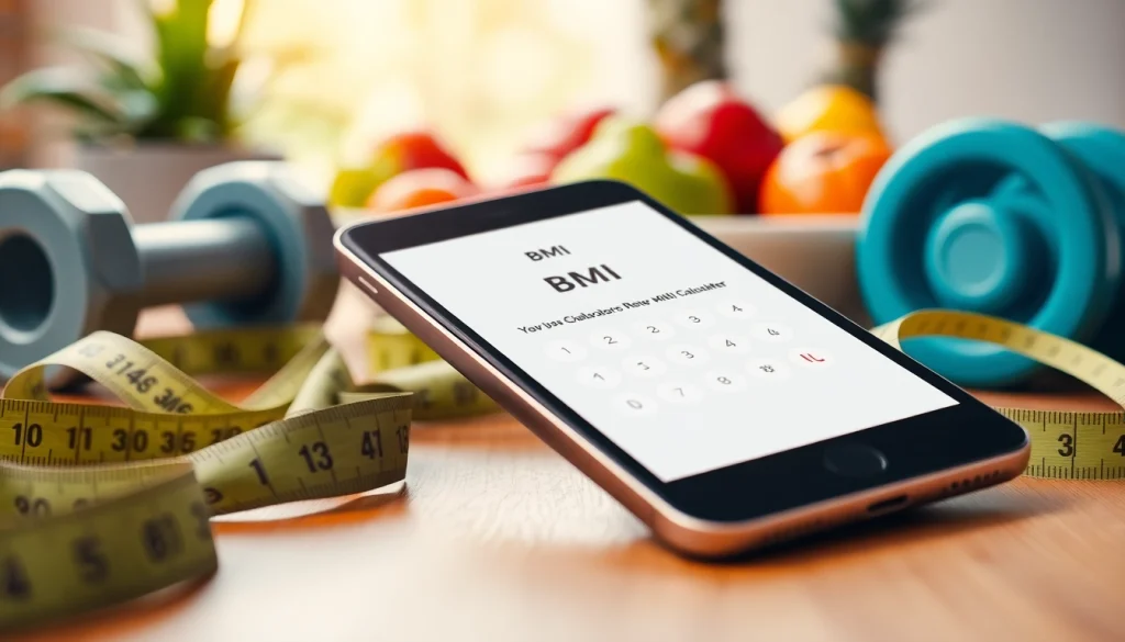 Calculate your BMI using the interactive bmi calculator on a digital fitness device amidst health props.
