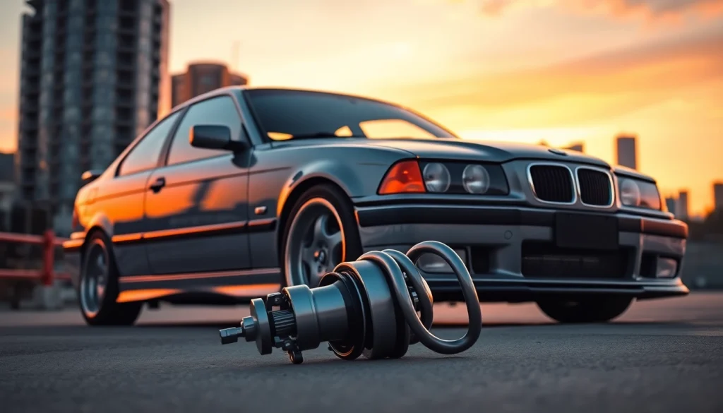 Showcasing E36 coilovers on a modified BMW E36 in a vibrant urban sunset.