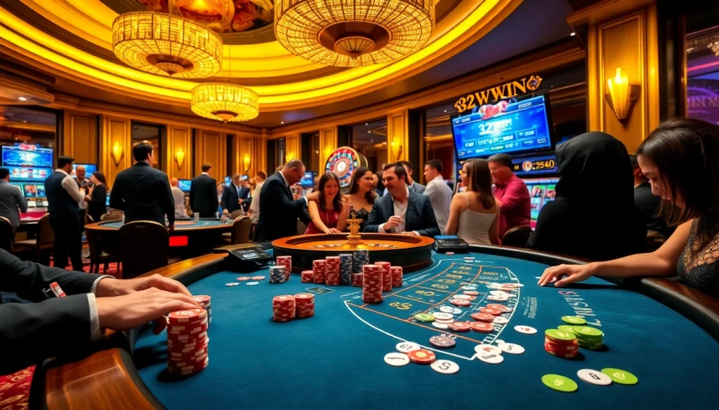 Players enjoying their game at 32win casino, surrounded by vibrant poker chips and cards.