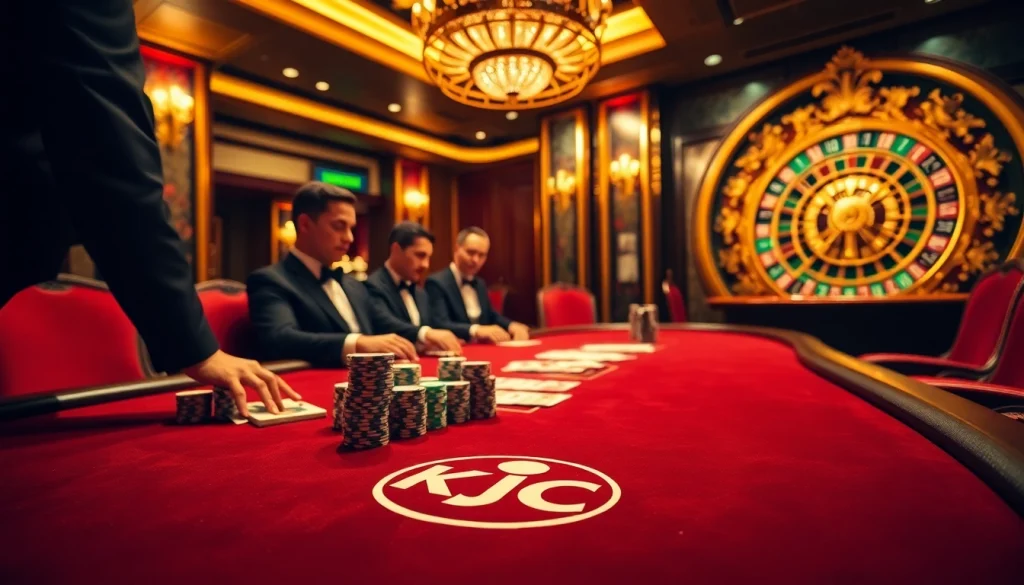 KJC poker table in a luxurious casino setting with elegant players engaged in high-stakes play.