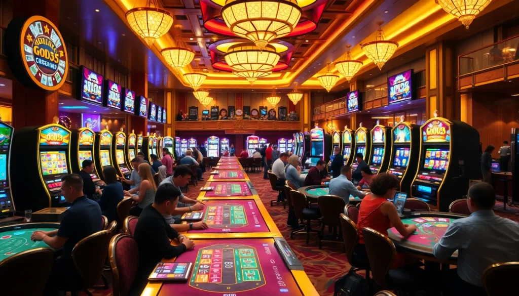 Experience the excitement of God345 casino with vibrant gaming tables and slot machines in action.