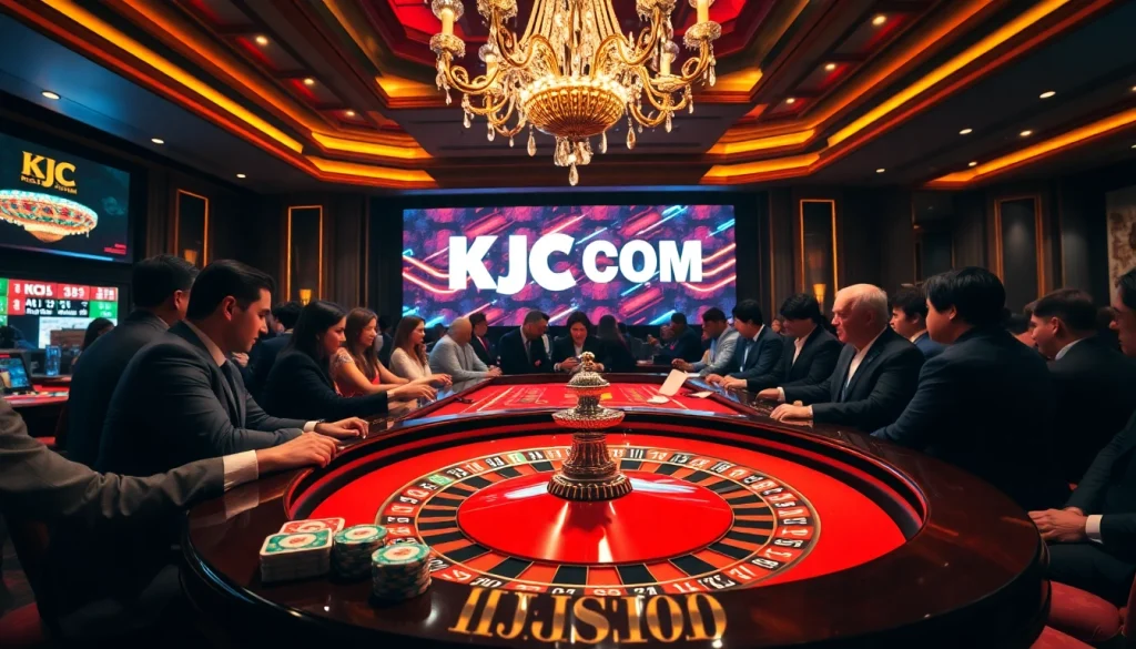 Experience the thrill of a high-stakes casino with KJC COM, showcasing poker chips and a roulette table.