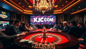 Experience the thrill of a high-stakes casino with KJC COM, showcasing poker chips and a roulette table.