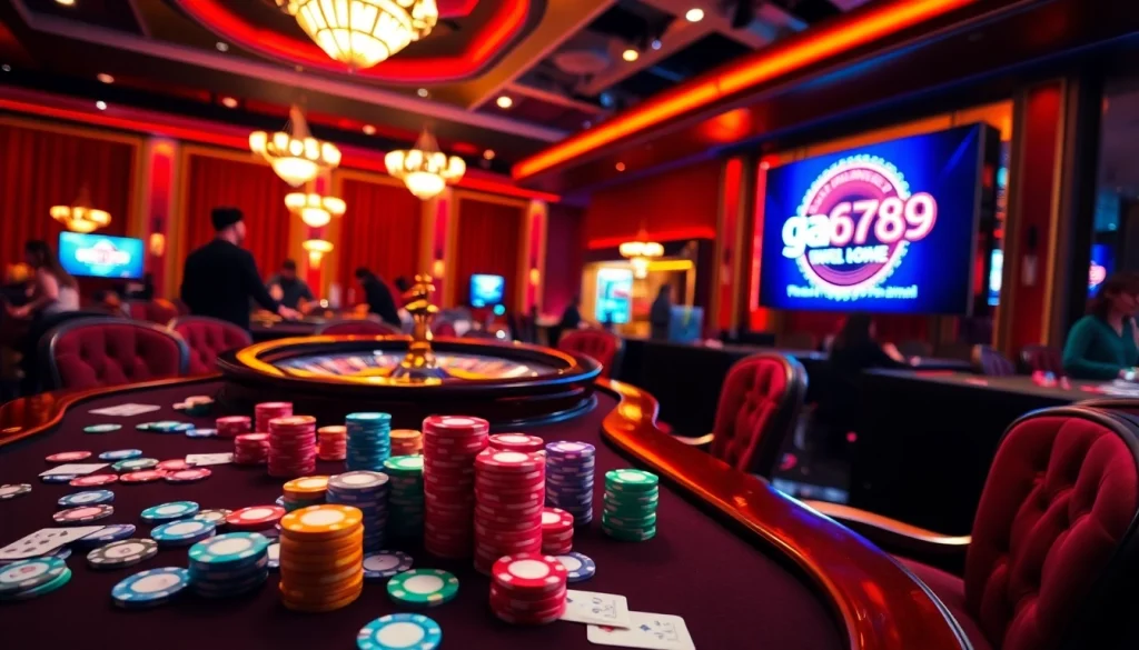 Engaging players at a ga6789 online casino table, highlighting vibrant poker chips and excitement.