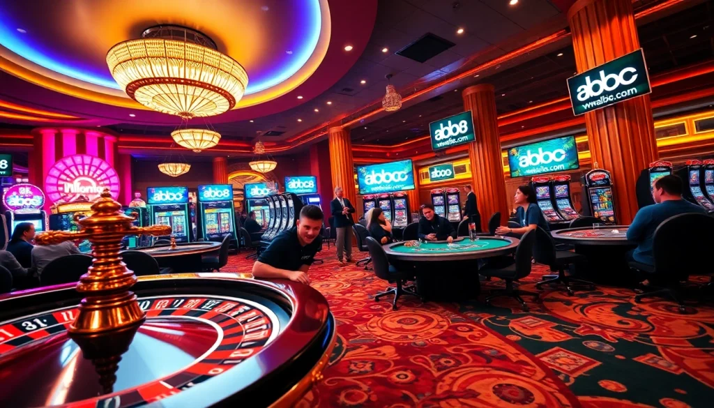 Players enjoying a dynamic gaming experience at abc8.com with vibrant slot machines and poker tables.