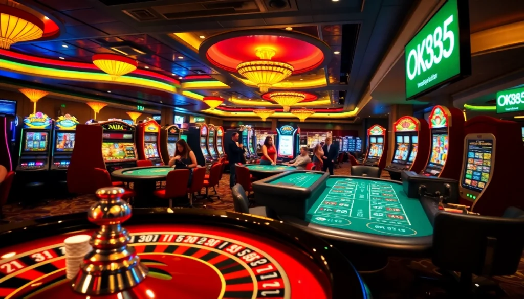 Players winning big at OK365 Casino with vibrant slot machines and poker tables.