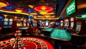 Players winning big at OK365 Casino with vibrant slot machines and poker tables.