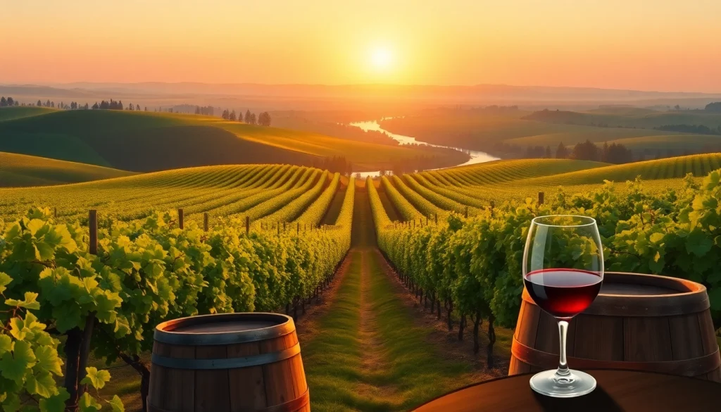 Experience the scenic vineyards of Carksburg CA with a rustic wooden barrel and a wine glass.