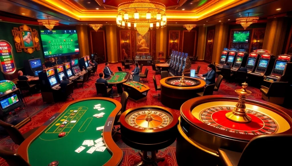 Action-packed gaming at https://lc88comm.com/, highlighting poker tables and slot machines in an engaging casino setting.