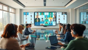 Engaged professionals using an ai interpretation service for seamless communication in a modern conference room.
