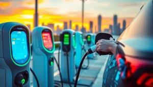 Explore the latest EV charging news with innovative charging stations in a vibrant urban setting.