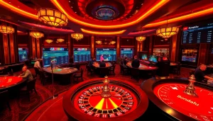 Bongdalu enthusiasts engaging at a luxurious casino table with vibrant lighting and live score displays.