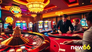 Experience the excitement of new66 at a luxurious casino with roulette and poker tables.
