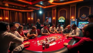 Engage in thrilling poker action at https://go8.gdn/ with colorful chips and cards, embodying luxurious casino excitement.