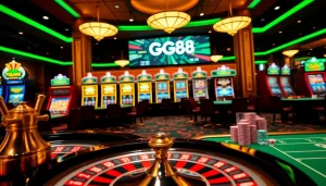 Exciting GG88 online casino gaming scene showcasing vibrant slot machines and poker tables.