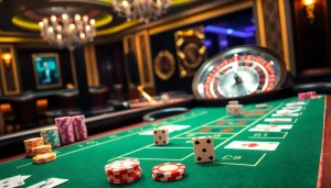 Experience the excitement of Lc88's casino tables with glamorous poker chips and cards.
