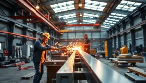 Structural steel fabrication process showcasing skilled workers curating metal beams in a dynamic workshop.
