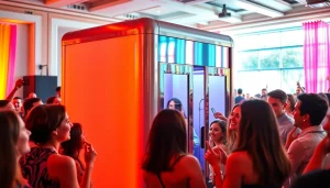 Rent a Photo Booth for events with lively guests enjoying a colorful photo booth experience.