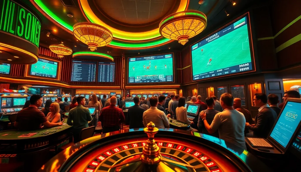 Experience trực tiếp bóng đá excitement with gamblers engaged at a vibrant sports betting area showcasing live match odds.