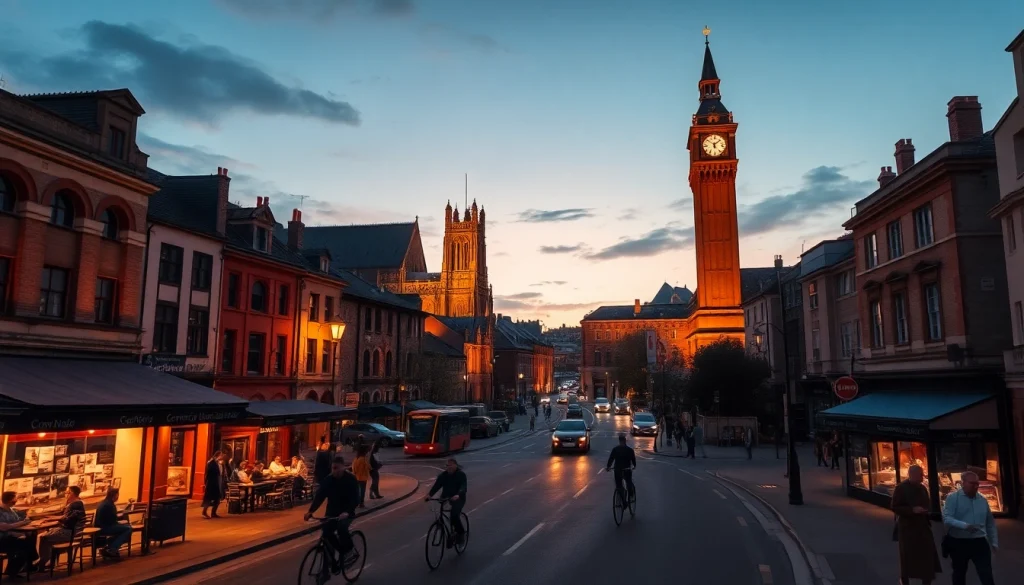 CoventryHub cityscape at twilight showing vibrant life and local news