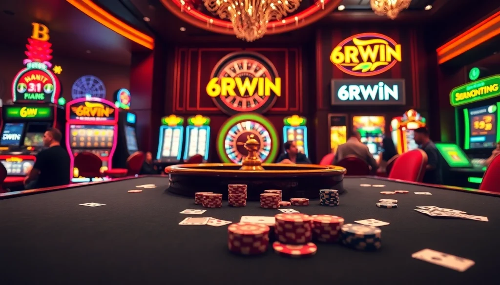 Experience the excitement of 6RWIN at a luxurious casino with poker chips and vibrant slot machines.
