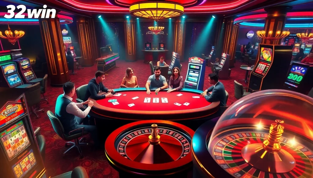 Experience the thrilling excitement of 32win with dynamic casino visuals featuring poker tables and slot machines.