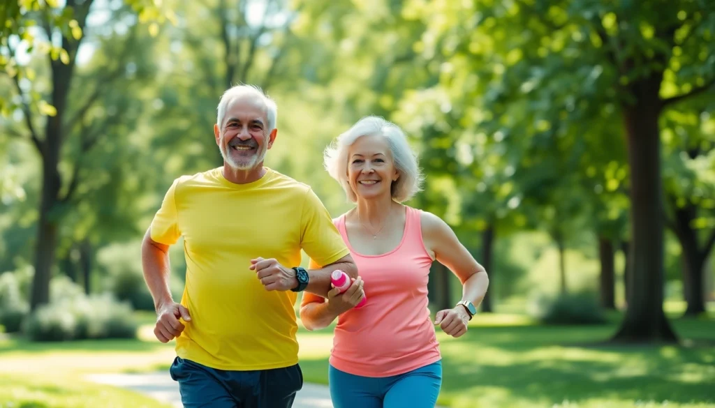 Illustration highlighting healthspan through an elderly couple jogging outdoors in a bright, inviting park.