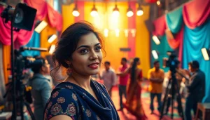 View of Bollywood film set with actress from https://theopinionatedindian.com expressing drama amid vibrant colors.