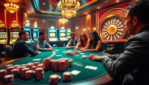 Experience the luxury of ok365 with vibrant casino visuals showcasing poker tables and slot machines.