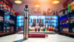 Buy disposable vapes featuring a sleek vape pen in a vibrant vape shop setting.