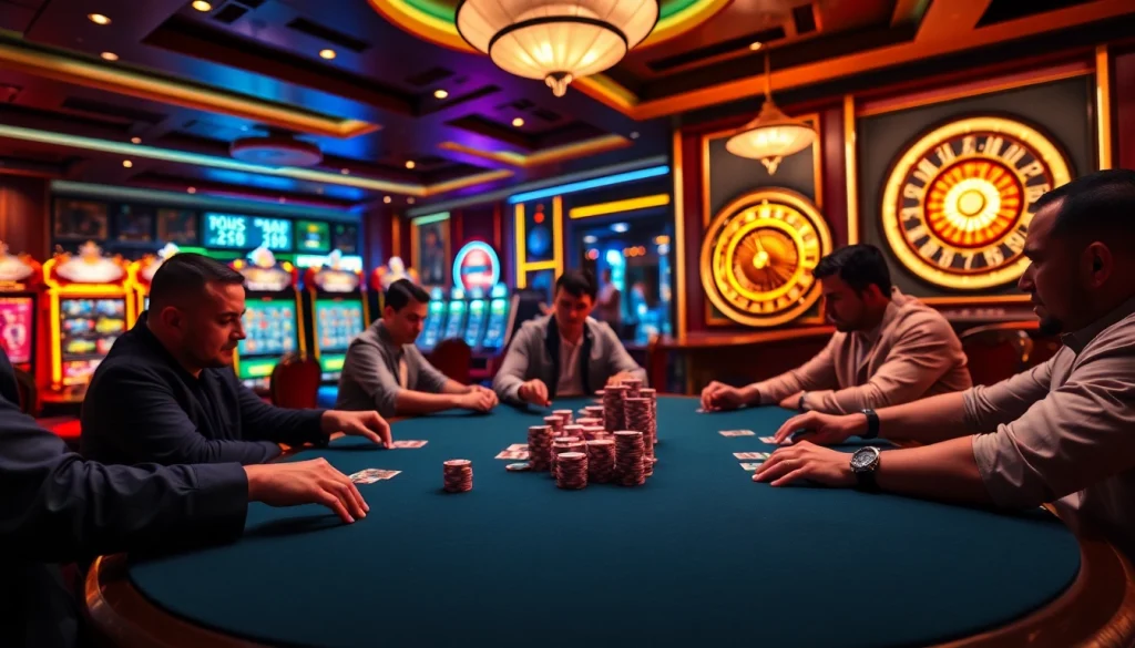 Engage in thrilling gambling action at https://f168info.com/ with colorful casino tables and high-stakes poker elements.
