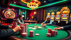 Thrilling poker scene with players enjoying the high stakes at bet88 casino.