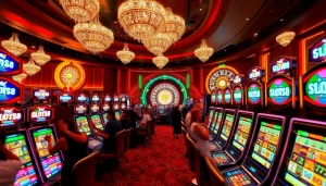 SLOTS8 players celebrating wins at vibrant slot machines on a glamorous casino floor.