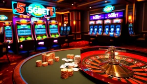 Engaging scene with 5GBET online gaming interface and poker setup showcasing excitement of gambling.