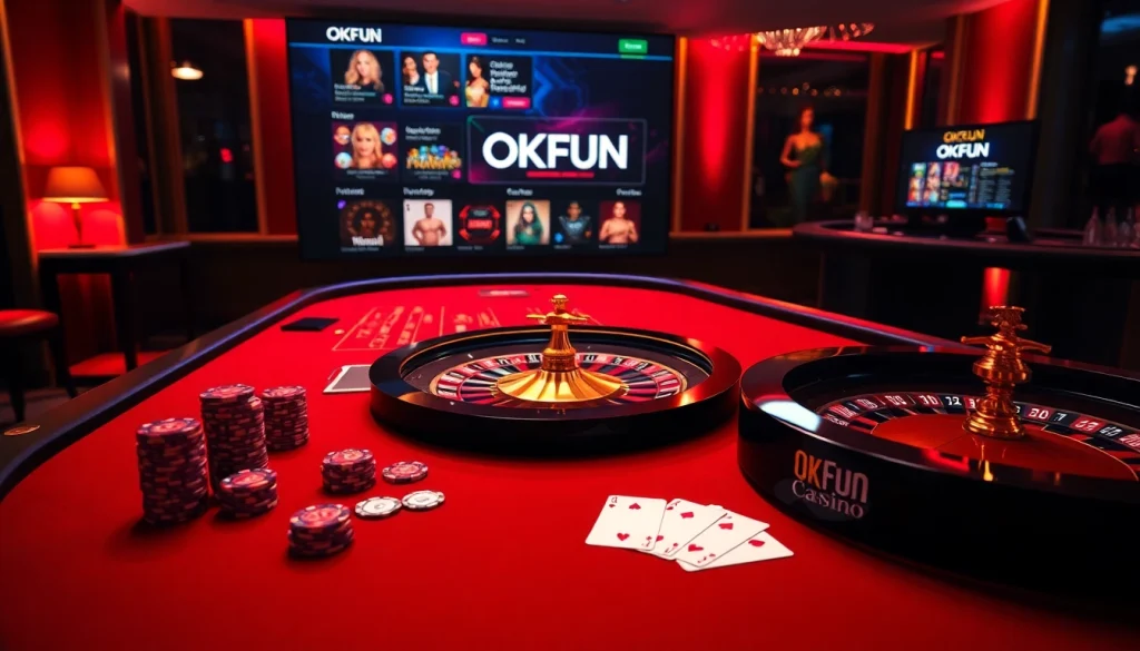 OKFUN offers a thrilling casino experience with vibrant games, poker chips, and lively atmosphere.