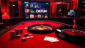 OKFUN offers a thrilling casino experience with vibrant games, poker chips, and lively atmosphere.