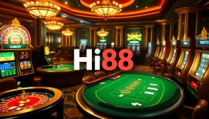 Engaging online gambling scene with Hi88 logo, showcasing poker and casino elements.