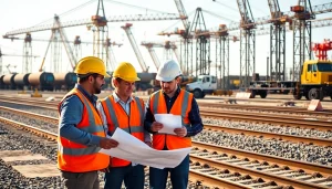 Rail contractor Canada collaborating on a construction project with machinery in a vibrant environment.