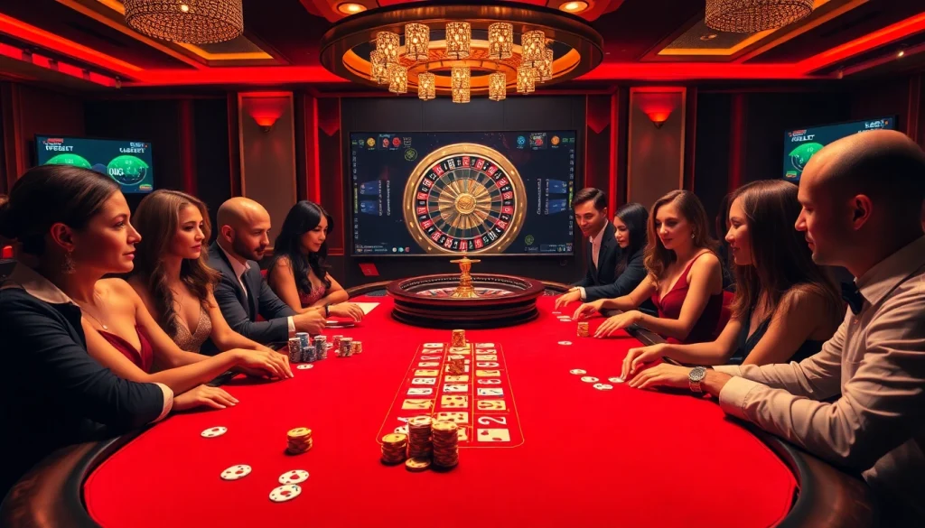 Superbet players enjoying a thrilling poker game with colorful chips and cards in a luxurious casino setting.