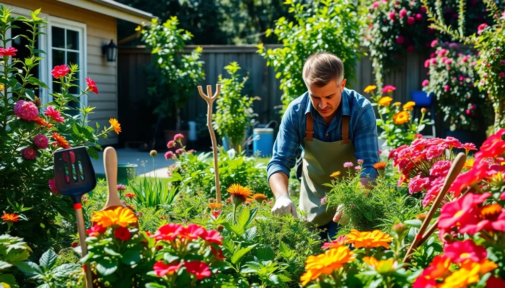 Gardening expert nurturing colorful flower beds in a bright backyard setting.