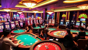 U888 players enjoying vibrant casino action at poker tables with colorful slot machines.