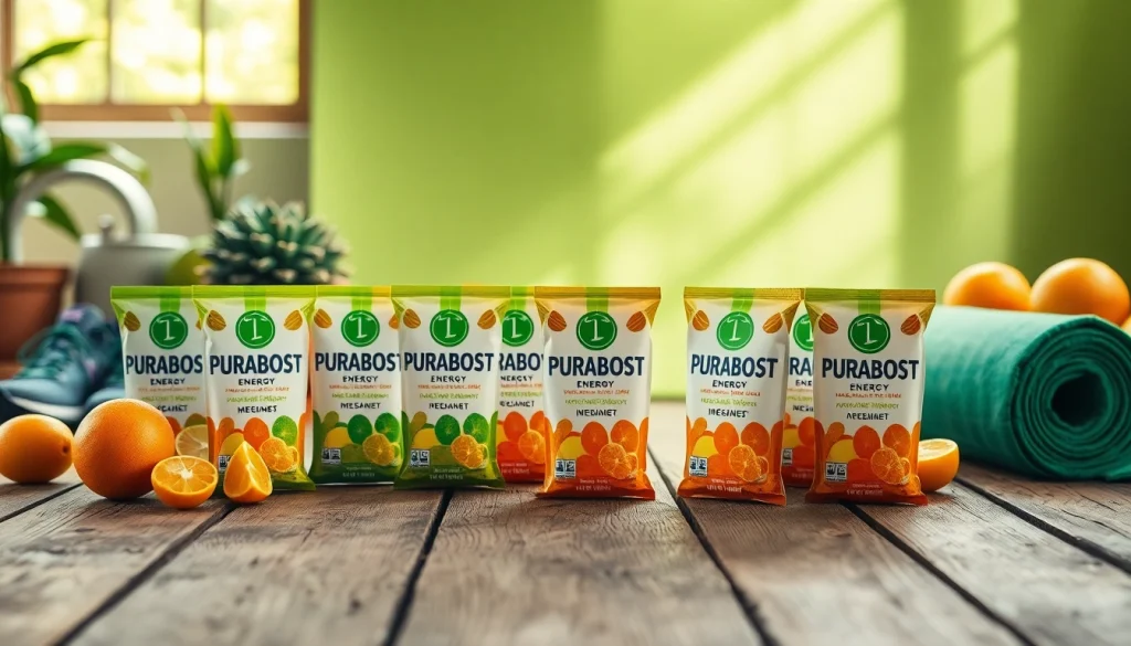Puraboost energy drink packets on a wooden table, promoting a healthy lifestyle.