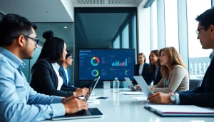 Scotia Connect dashboard displayed in a professional office with diverse business professionals collaborating.