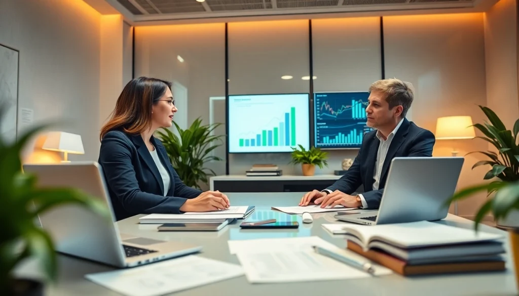 Profesjonalny księgowy Marzena Owczarzak pomagający klientowi w biurze rachunkowym.