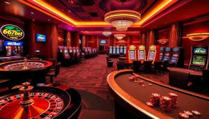 Experience the excitement of 667bet Download with vibrant casino visuals showcasing roulette and poker games.